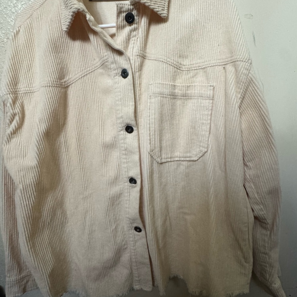 Zara: beige corduroy front raw hem jacket